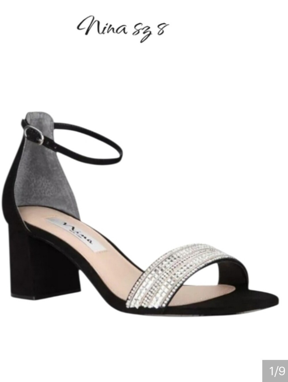 NINA Elenora Black Crystal Block Heel Ankle Strap Dress Sandal Shoes Sz 8 New